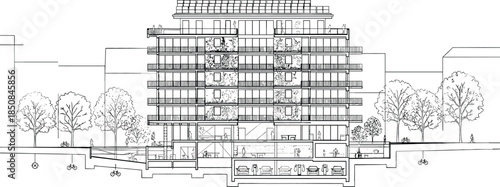 Technical architectural cross section of sustainable apartment building with solar panels and underground parking vector line illustration.