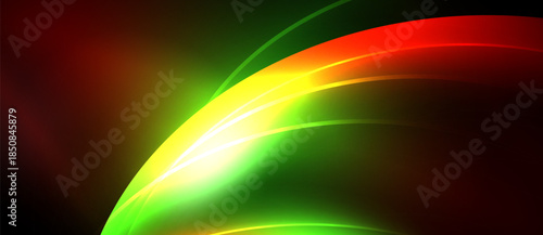 Abstract vibrant waves blend red, yellow, green hues. Smooth gradients create dynamic light effect, dark background contrasts bright colors.