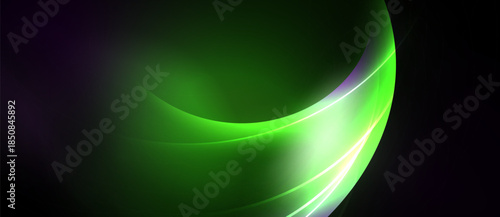 Abstract green curves dominate dark background. Smooth gradients create dynamic visual flow, suggesting energy, movement. Minimalist design.