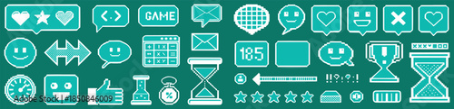 Retro 8-Bit Pixelated Interface Symbols, Minimal Game HUD & App Template. Set Empty Pixelated 90's aesthetics. 8-bit retro, sticker illustration eps file.