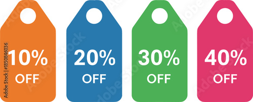 Vector Illustration Set of Colorful Price Tags Showing 10%, 20%, 30%, and 40% OFF Discounts for Retail Sales and Promotions.