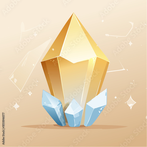 Illustration of a large golden crystal with smaller blue crystals at its base, set against a beige background.
