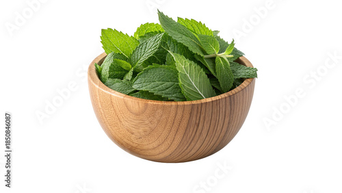 Fresh Green Mint Leaves in a Small Wooden Bowl
