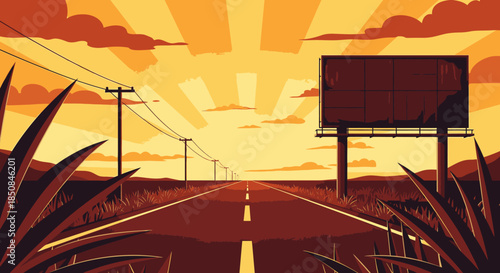 This striking illustration depicts an endless road receding into a brilliant sunset, framed by power poles and a prominent blank billboard, conveying themes of journey, advertising, and wide-open