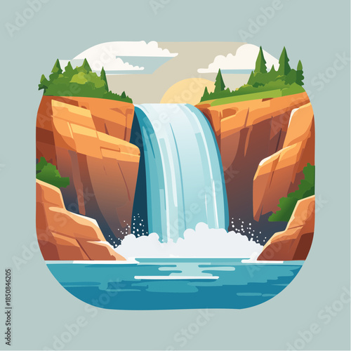 Waterfall cascading down a cliff into a pool of water, surrounded by greenery.