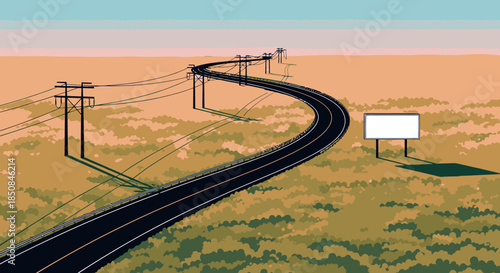 A pixel art illustration depicts a winding road stretching across a desolate landscape, flanked by power lines and a blank billboard, evoking nostalgic journey.