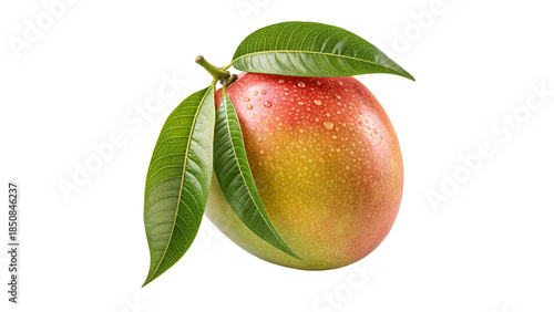 Fresh Ripe Mango with Green Leaves and Water Drops