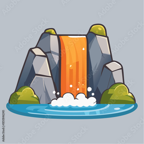 Cartoon illustration of a waterfall cascading down rocks into a pool of water, with green bushes on top and around the base.