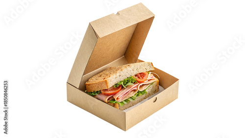 Fresh Ham and Vegetable Sandwich in an Open Brown Cardboard Box