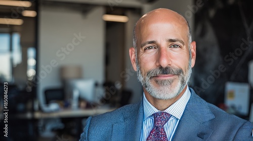 A headshot of a mature, balding man in a suit smiling at the camera, blurred office background