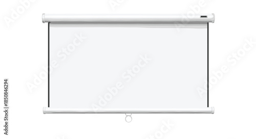 Clean white blank projector screen hanging on a wall for business presentations or movie screenings in a modern office or classroom.