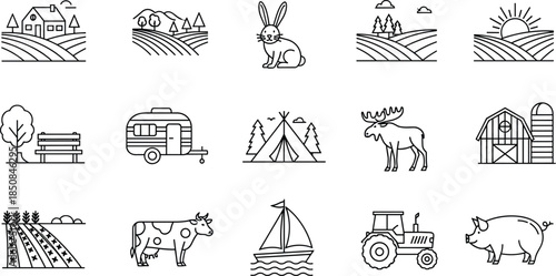 Nature farming and countryside line icon set featuring farmhouse, tractor, barn, camping tent, moose, rabbit, cow, pig, and agricultural landscapes.