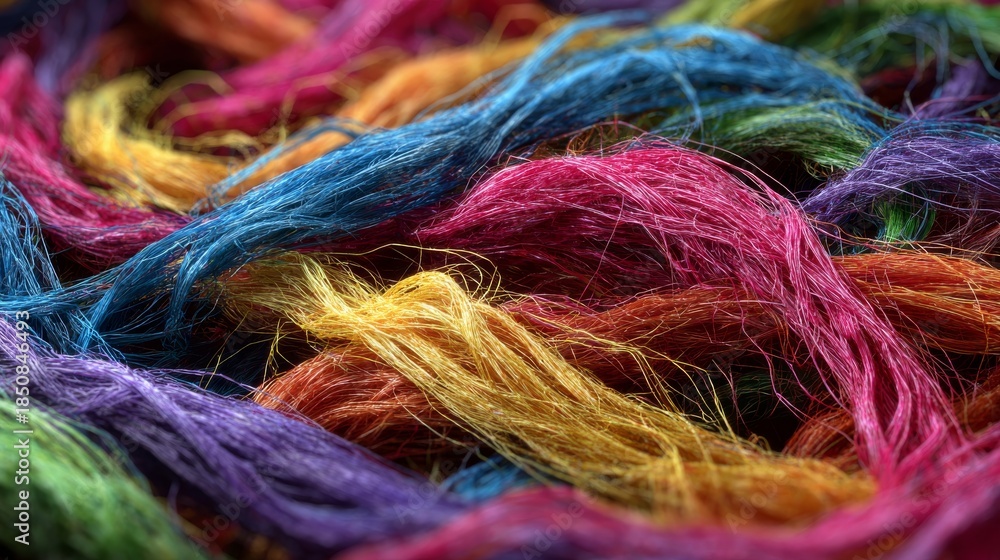 Fototapeta premium Close-up showcases a jumbled array of brightly colored thread strands, tightly packed, creating a textural abstract