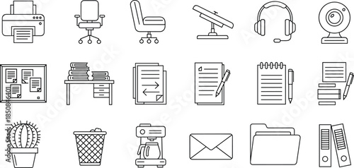 Office and workspace line icon set featuring printer, office chair, desk lamp, headset, webcam, documents, coffee maker, and stationery supplies.