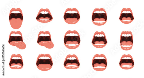 Detailed set of human mouth and lip expressions including smiling, shouting, and showing the tongue for medical or animation reference.
