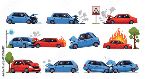 Set of different car accident and collision scenarios including head-on crashes, fire, and smoke, used for insurance and safety concepts.