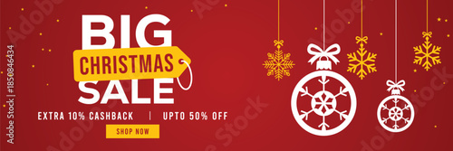 Festive red Christmas sale banner with hanging snowflake ornaments, bold Big Christmas Sale text, extra 10% cashback and up to 50% off offer, modern holiday shopping promotion background.