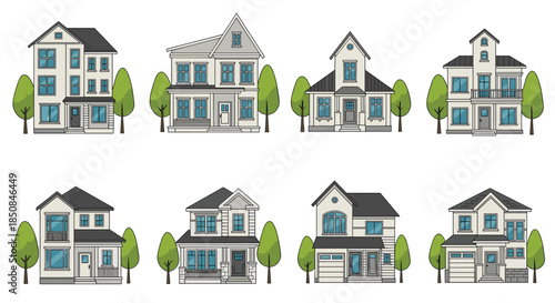 Collection of several two-story modern suburban residential houses with trees and different architectural styles on a white background.