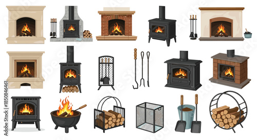 Various types of traditional and modern fireplaces, wood-burning stoves, and fire accessories for home interior and cozy living.