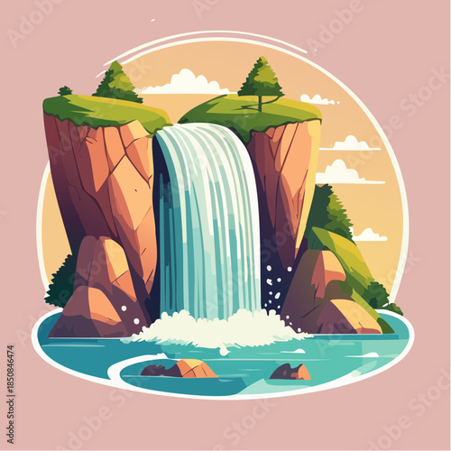Cartoon illustration of a waterfall cascading between two rocky cliffs into a pool of water.