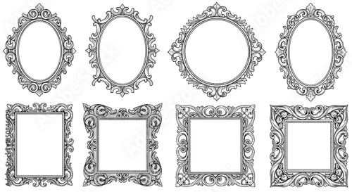 Collection of various ornate black and white vintage picture frames in oval, round, and rectangular shapes for elegant art displays.