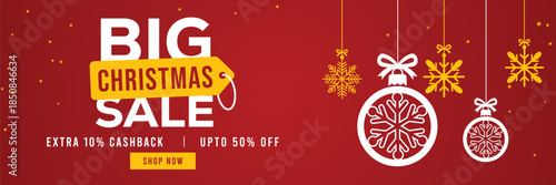 Festive red Christmas sale banner with hanging snowflake ornaments, bold Big Christmas Sale text, extra 10% cashback and up to 50% off offer, modern holiday shopping promotion background.
