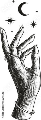 Vintage mystical hand reaching for crescent moon and stars celestial occult alchemy stipple art vector isolated illustration.