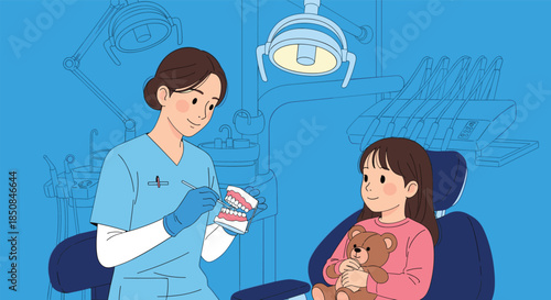 Friendly female dentist using a dental model to explain tooth brushing to a young girl sitting in a dental chair with her teddy bear.