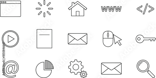Set of minimalist web development line icons featuring browser window, loading symbol, home button, coding tags, email, security key and settings.