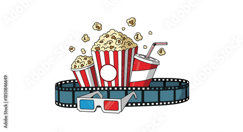 Classic movie theater snack set featuring popcorn, soda, film strip, and 3D glasses for entertainment and cinema concepts.