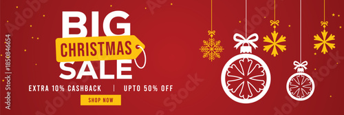 Festive red Christmas sale banner with hanging snowflake ornaments, bold Big Christmas Sale text, extra 10% cashback and up to 50% off offer, modern holiday shopping promotion background.