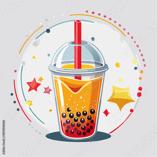 Illustration of a bubble tea drink with tapioca pearls and a red straw.