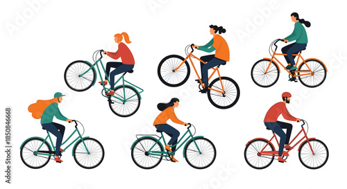 Set of active people and cyclists riding different types of bicycles for recreation, commuting, and sports in various poses.
