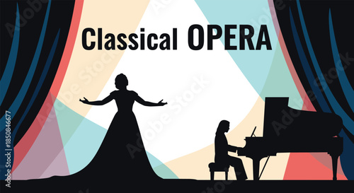 Dramatic silhouette of an opera singer performing on stage accompanied by a pianist in a theater with colorful spotlights and curtains.