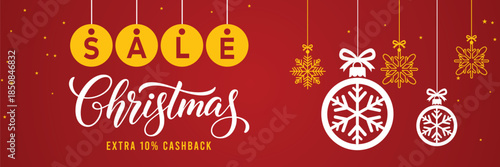 Festive red Christmas sale banner with hanging snowflake ornaments, bold Big Christmas Sale text, extra 10% cashback and up to 50% off offer, modern holiday shopping promotion background.