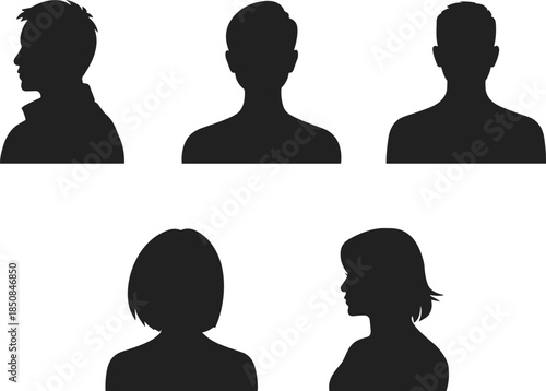 Black human silhouettes, gender-neutral avatar icons, diverse head profiles, vector people illustration, identity design, anonymous figures, graphic representation