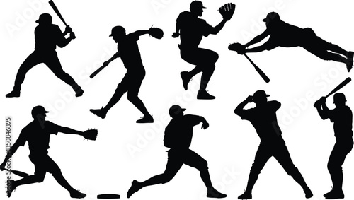 Black silhouette baseball player set batting pitching catching running action poses vector illustration sport game competition team design graphic element