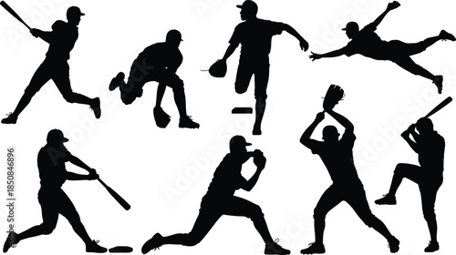 Black silhouette baseball player icons set batting pitching and catching action poses vector illustration for sport team competition game design