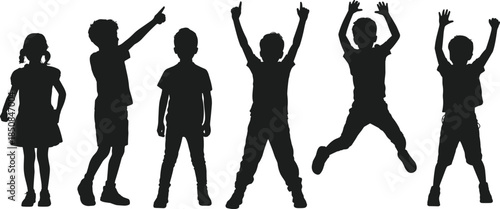Black silhouette happy kids set playing jumping and pointing hands vector illustration for school education concept design graphic element isolated