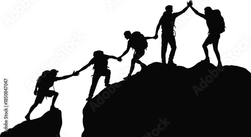 Black silhouette mountain climbing team helping partner reach top teamwork concept vector illustration leadership success partnership design graphic element isolated