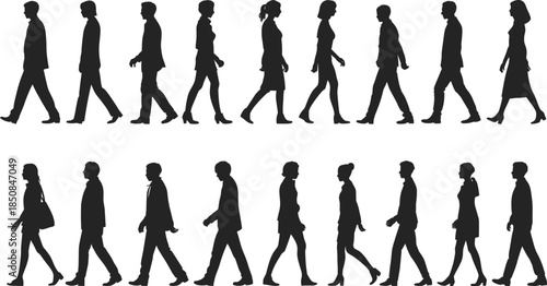 Black silhouette people walking set men and women pedestrians in profile moving forward side view vector illustration business concept design