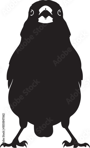 Black silhouette of a plump bird with open beak and wide eyes white background