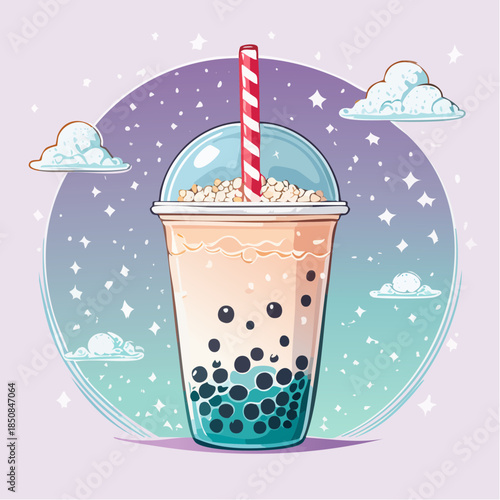 Cartoon boba tea with tapioca pearls and a striped straw against a starry background.