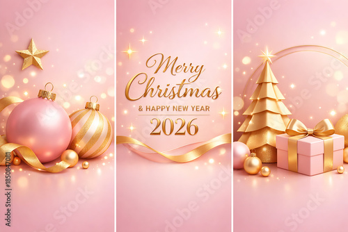 Happy New Year 2026 and Merry Christmas pink and gold social media backgrounds with fireworks - Templates for square, portrait posts and etc.