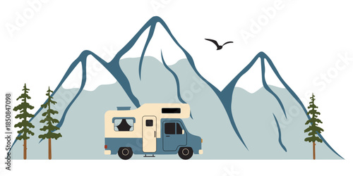 Vector illustration of a camper van in the mountains. Mountain landscape with a motorhome, pine trees and a flying bird. Flat minimalist style, isolated on a white background.