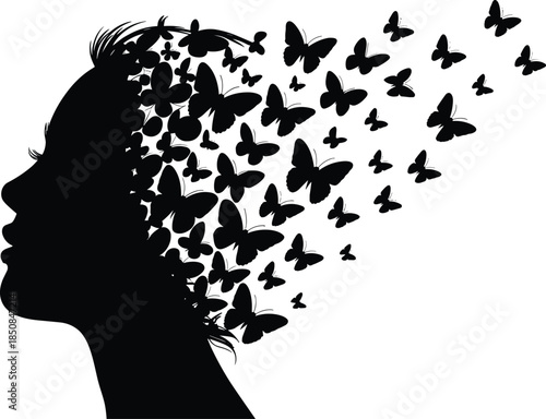 Black silhouette woman profile face with flying butterflies from hair vector illustration freedom concept mental health nature design graphic element