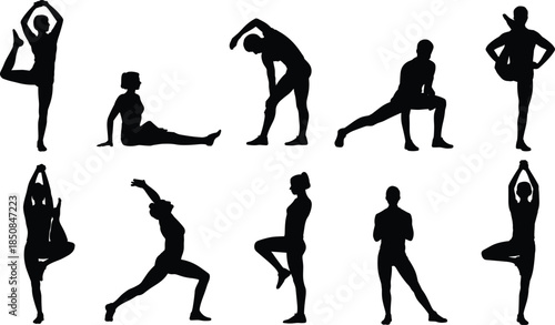 Black silhouette yoga poses set men and women stretching body for fitness and health workout vector illustration graphic design element