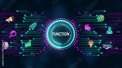 Glowing neon digital circuit board with icons representing function and operational business elements
