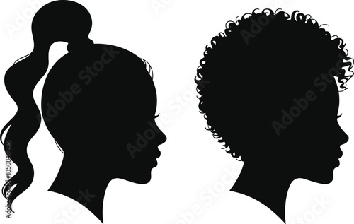 Black silhouette woman profile set with ponytail and curly afro hair vector illustration beauty salon logo design graphic element