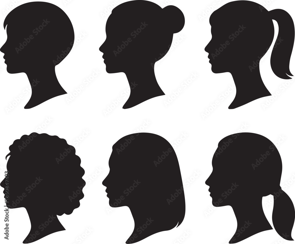 Fototapeta premium A Minimalist Collection of Neutral Female Profile Silhouettes Illustrating Diverse Hairstyles for Identity and Representation